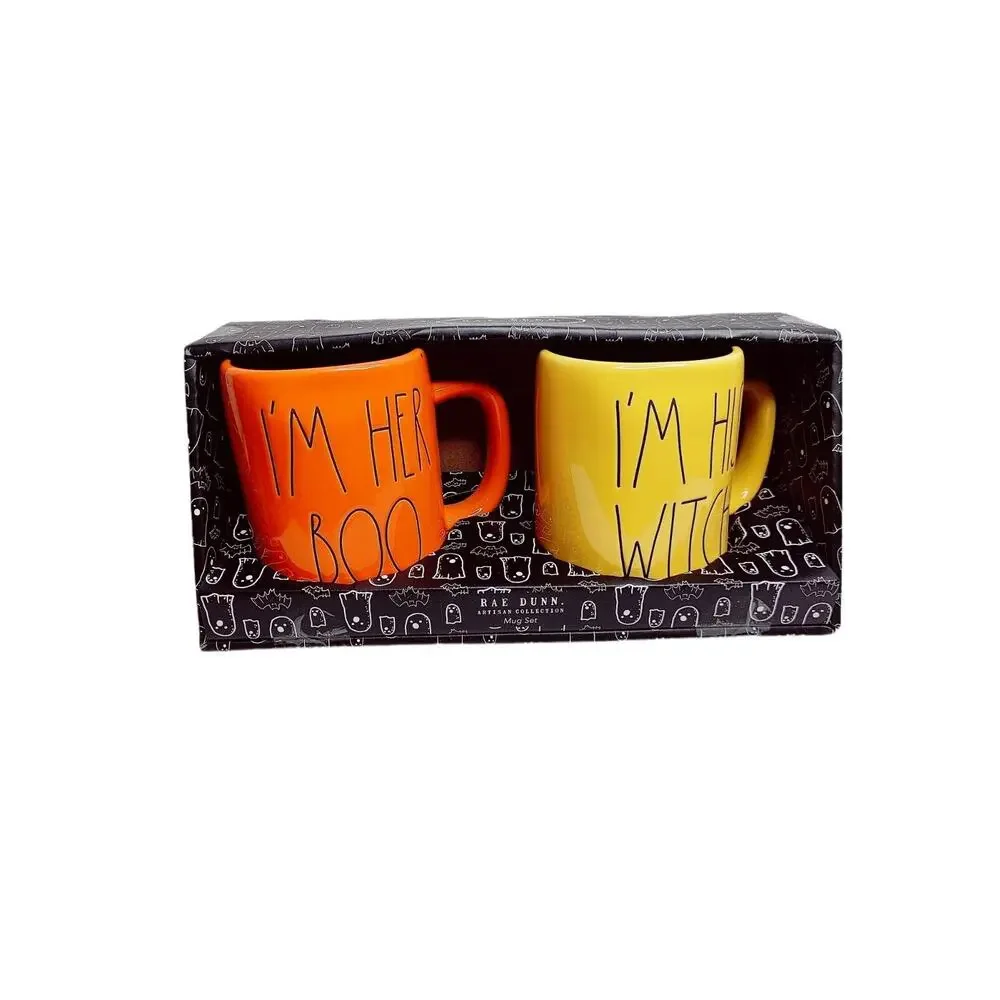 Rae‎ Dunn I’m Her BOO I’m His WITCH Orange & Yellow Coffee Tea Mug Set Halloween